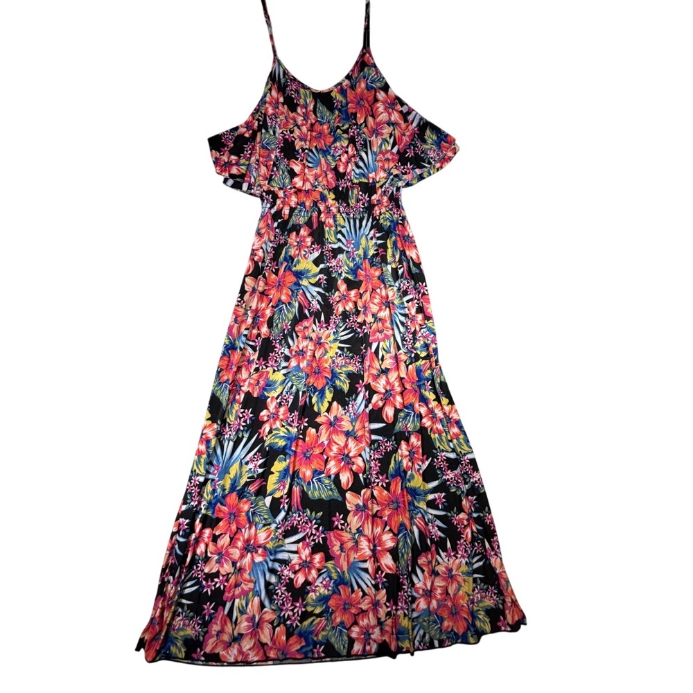 Tropical Floral Cold Shoulder Maxi Dress Black Pink Blue Size M